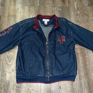 Rare Vintage Large A&M Jean Jacket 90's Castles Sports Spell Out on Sleeve Denim
